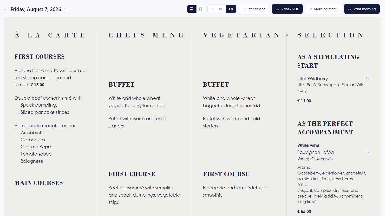 Daily menu — à la carte, chef's menu, vegetarian and wine selection, printed in three languages